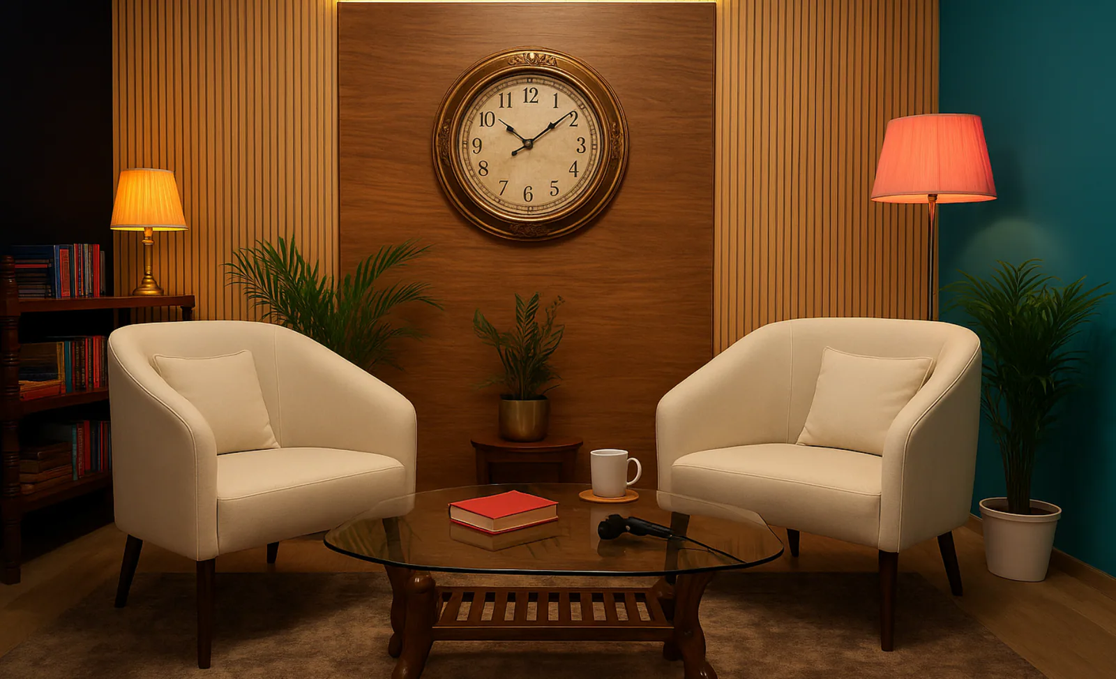 Classic clock-wall conversation set at Newtown Podcast Studio