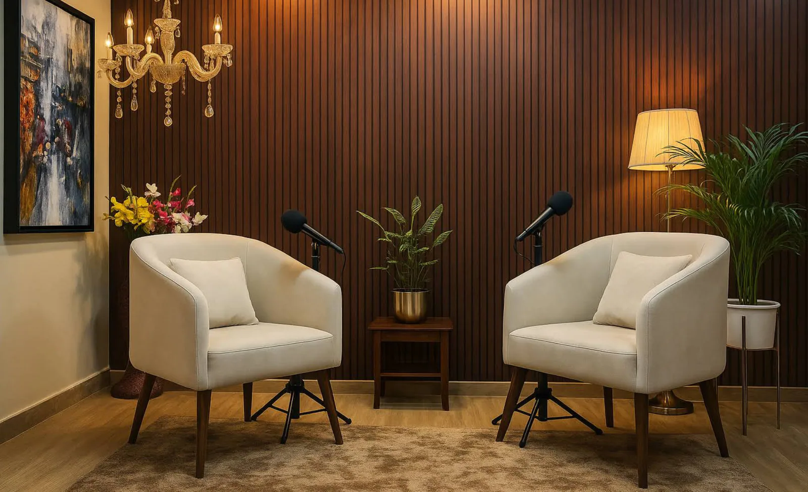 Wood-panel interview set with microphones at Newtown Podcast Studio
