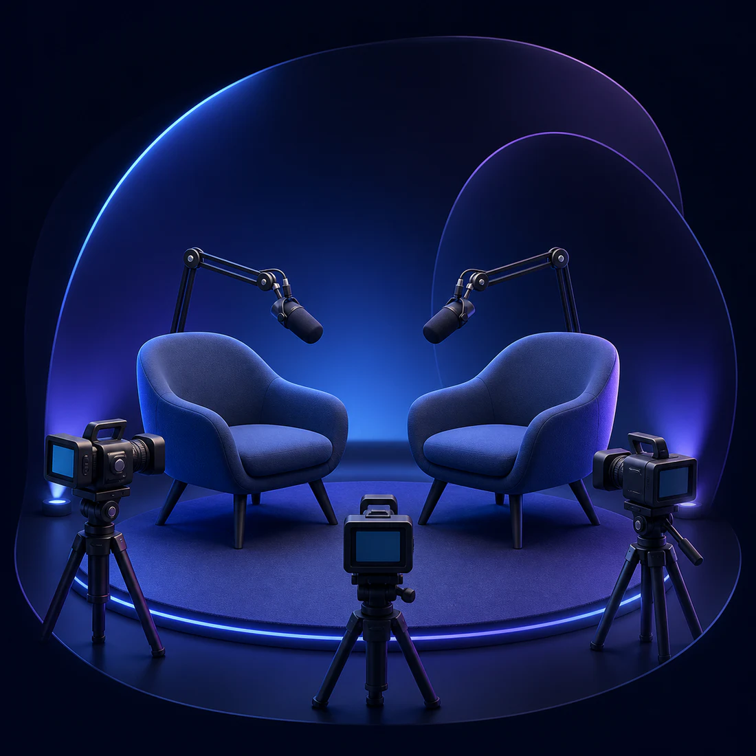Cartoon-style podcast studio with two chairs, two boom microphones and three cameras