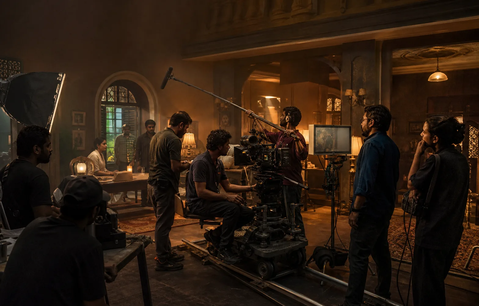 Professional Indian film crew working with a cinema camera, boom microphone, lights, and director's monitor