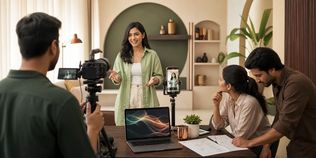 Indian content creator filming with a camera and vertical smartphone while a creative team plans an AI-assisted social campaign