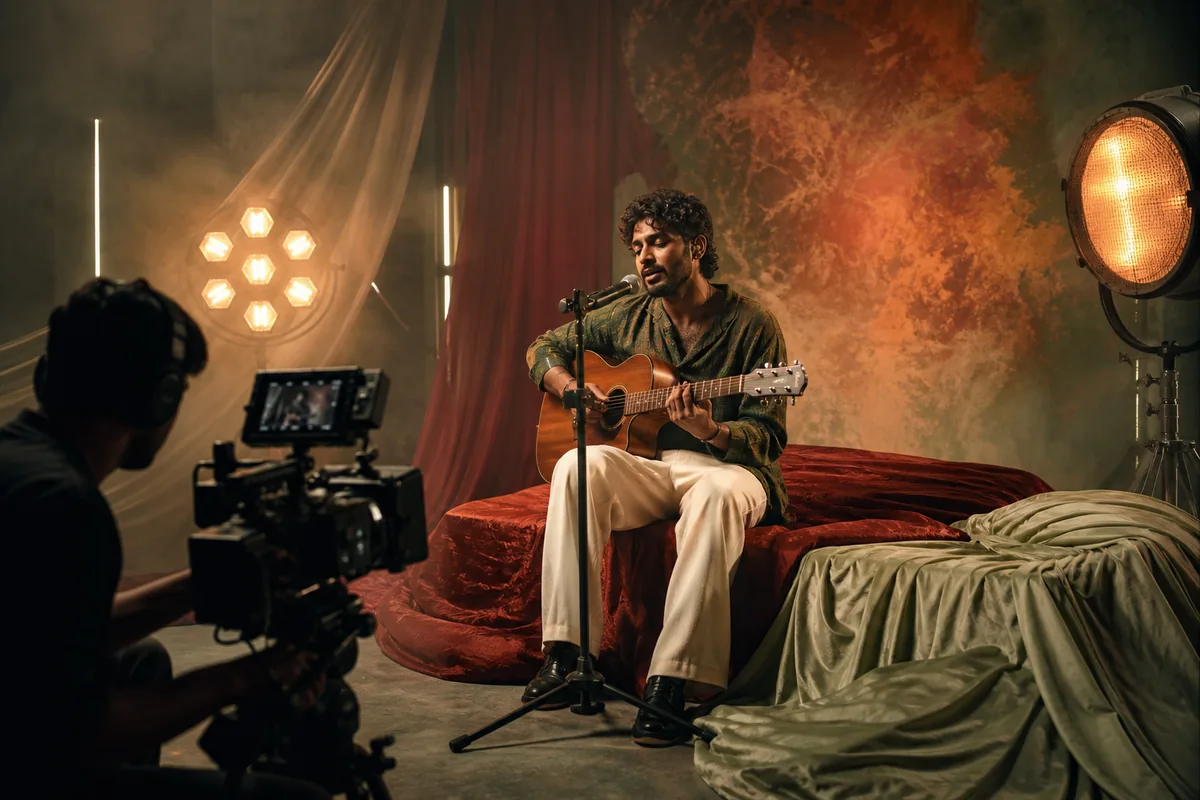 Indian independent musician performing on a cinematic music video set while a camera operator films